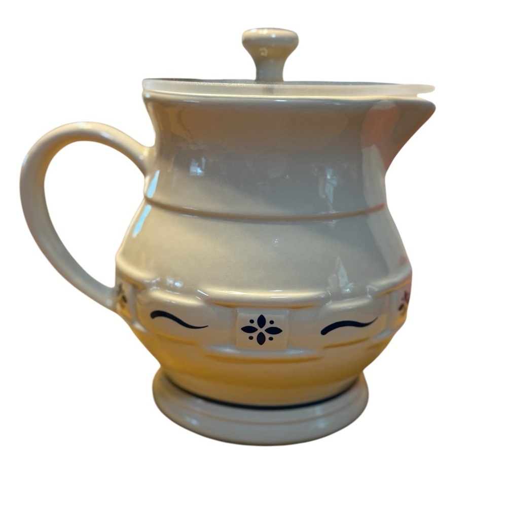 Longaberger Woven Traditions Lidded Blue Ceramic Pitcher 1 Quart - Picture 3 of 4
